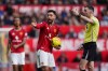 Manchester United's Bruno Fernandes argues with a referee during the Premiier League soccer match between Manchester United and Crystal Palace in Manchester, England, Sunday, March 1, 2026. (AP Photo/Dave Thompson)
