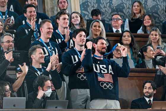Members of the United States' Olympic hockey team, goalie Connor Hellebuyck in front, attend President Donald Trump's State of the Union address to a joint session of Congress in the House chamber at the U.S. Capitol in Washington last month. (Kenny Holston / The Associated Press files)