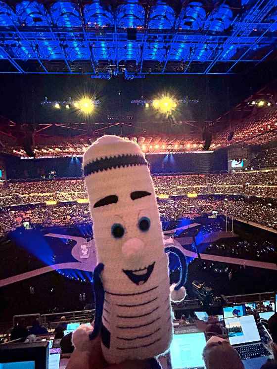 A mini version of Free Press mascot Scoop was Mike's guest at the Games. (Mike McIntyre / Free Press)