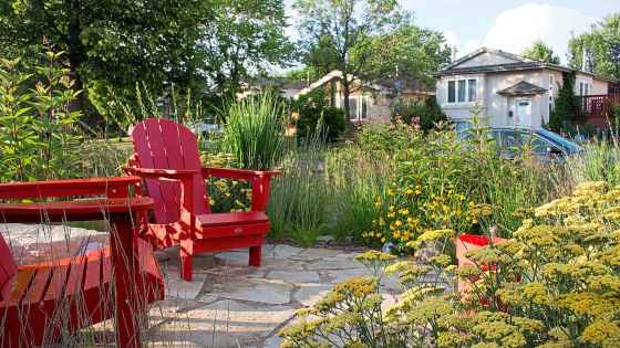 A seating area in a naturalized garden landscape design. (Nik Friesen-Hughes)