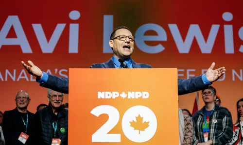 Avi Lewis, who was proclaimed as the new leader of the NDP, speaks at the party convention in Winnipeg Sunday, March 29, 2026.   THE CANADIAN PRESS/John Woods