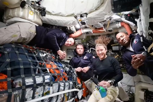This image from video provided by NASA shows the Artemis II crew, from left, Canadian astronaut and mission specialist Jeremy Hansen, Commander Reid Wiseman, mission specialist Christina Koch and pilot Victor Glover as they speak with NASA Mission Control in a video conference while en route to the moon, Thursday, April 2, 2026. THE CANADIAN PRESS/Handout-NASA 
(Mandatory Credit)