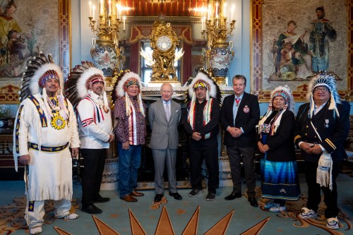 (left to right) Grand Chief Joey Pete Grand Chief of the Confederacy of Treaty No. 6, Chief Edwin Ananas Beardy's and Okemasis' Cree Nation, Chief Daryl Watson Mistawasis NÃªhiyawak, King Charles III, Chief Larry Ahenkew Ahtahkakoop Cree Nation, Councillor Gary LaPlante Stoney Knoll First Nation, Chief Christine Longjohn Sturgeon Lake First Nation and Chief Desmond Bull Louis Bull Tribe, who are seven elected representatives of First Nations signatories to Treaty Number Six, the 1876 treaty between the Crown and First Nations in modern-day Saskatchewan and Alberta, Canada, during an audience at Buckingham Palace, London. Picture date: Wednesday March 11. PA Photo. Photo credit should read: Aaron Chown/PA Wire