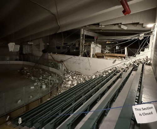 Damage is shown following an explosion at an ice rink in the town of Taber, Alta. in this December 2025 handout photo. THE CANADIAN PRESS/Handout — Town of Taber (Mandatory Credit)