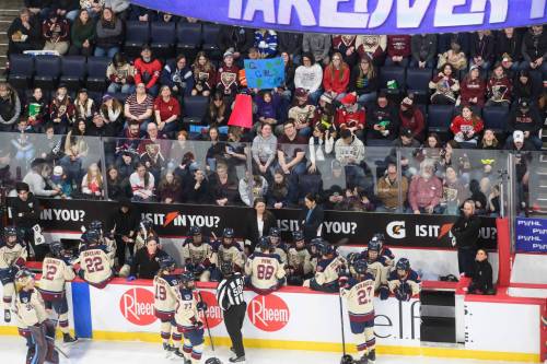 MIKE SUDOMA / FREE PRESS
                                Young PWHL fans hold up signs as players make their way across the ice during Sundays game at Canada Life Centre March 22, 2026