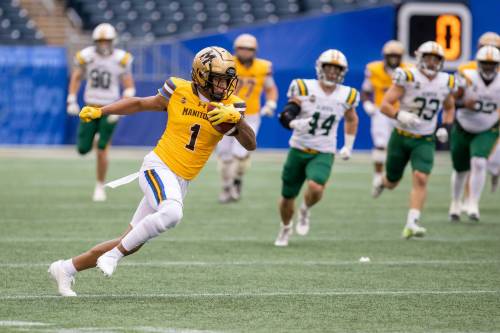 BROOK JONES / FREE PRESS FILES
                                Manitoba Bisons receiver De Shawn Le Jour (1) hopes a career in the CFL will help him become a role model for the next generation of athletes.