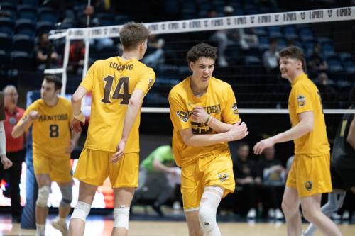 MIKE STILL / BISONS ATHLETICS
                                Owen Weekes of the University of Manitoba Bisons celebrates one of his six service aces against the Laval Rouge et Or in the USports men&rsquo;s volleyball championship in Windsor, Ont., on Friday.
