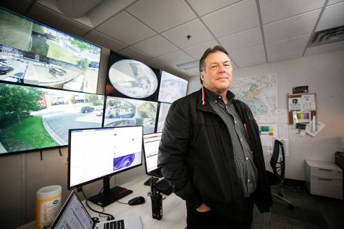 MIKAELA MACKENZIE / FREE PRESS
                                Downtown Community Safety Partnership executive director Greg Burnett in their command centre, where the new Beacon program is used, on Friday, March 20, 2026. The Beacon program allows them to view security footage live from several businesses downtown and respond to situations faster.