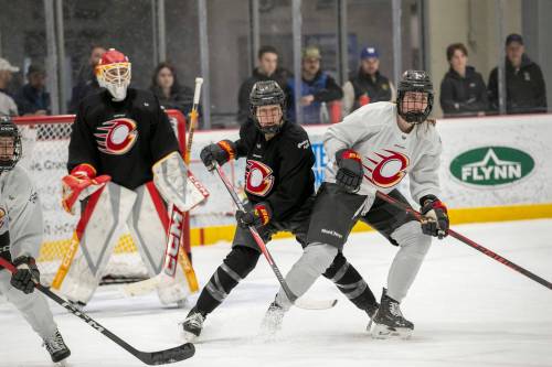 BROOK JONES/FREE PRESS
                                Ottawa Charge defender Jocelyne Larocque (middle), who was born in Ste. Anne, during her team&rsquo;s practice on Saturday at Hockey For All Centre in Winnipeg.