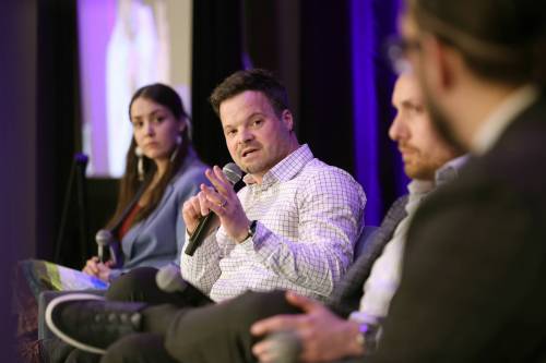 RUTH BONNEVILLE / FREE PRESS
                                Matthew Sabourin of Nonsuch Brewing Co. speaks about his business experiences during the Indigenous Chamber of Commerce Manitoba panel discussion at the Delta Hotel on Tuesday. Fellow local entrepreneurs Shyla Niemi, founder of Giigido Mikinaak, and Alexander Hupé of Shortline Moving Solutions participated, along with moderator Noah Wilson (right).