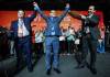 JOHN WOODS / THE CANADIAN PRESS
                                Avi Lewis, centre, who was proclaimed as the new leader of the NDP, celebrates with former interim leader Don Davies, left, and Manitoba premier Wab Kinew at the party convention in Winnipeg Sunday.