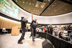 photos by MIKAELA MACKENZIE / FREE PRESS
                                Quinton (Yung Trybez) Nyce (left) and Darren (Young D) Metz perform for students of Elwick Community School.
