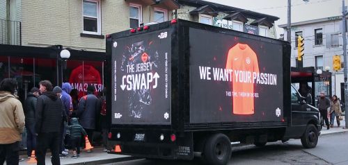 A Canada Soccer jersey swap event truck in Toronto’s Little Italy on Saturday, (April 4, 2026. THE CANADIAN PRESS/Sandra Ezekwesili