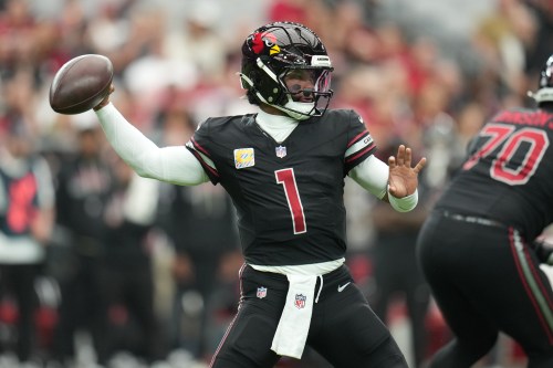 FILE - Arizona Cardinals quarterback Kyler Murray (1) throws a pass during the first half of an NFL football game against the Tennessee Titans, Oct. 5, 2025, in Glendale, Ariz. (AP Photo/Rick Scuteri, File)