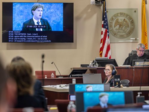 A recording of Meta Founder and CEO Mark Zuckerberg's deposition is played for the jurors on Wednesday, March 4, 2026, in Santa Fe, N.M. (Jim Weber/Santa Fe New Mexican via AP, Pool)