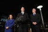 Former Canadian prime minister Justin Trudeau, centre, then-finance minister Chrystia Freeland, and Bill Blair, the former minister of defence speak at a news conference in Kyiv, Ukraine on Saturday, Feb. 24, 2024. THE CANADIAN PRESS/Nathan Denette