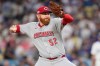 FILE - Cincinnati Reds starting pitcher Zack Littell throws to a Los Angeles Dodgers batter during the second inning in Game 2 of the National League Wild Card baseball playoff series, Oct. 1, 2025, in Los Angeles. (AP Photo/Mark J. Terrill)