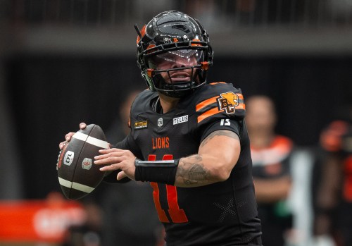 B.C. Lions quarterback Jeremiah Masoli (11) prepares to pass the ball against the Winnipeg Blue Bombers during the first half of a CFL football game in Vancouver, on Saturday, June 21, 2025. THE CANADIAN PRESS/Ethan Cairns