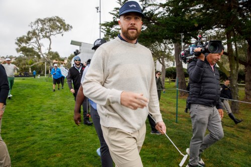 Travis Kelce of the Kansas City Chiefs plays in the second round of the AT&T Pebble Beach Pro-Am in Pebble Beach, Calif., on Friday, Feb. 13, 2026. (Santiago Mejia/San Francisco Chronicle via AP)