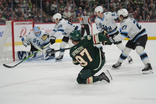 Minnesota Wild left wing Kirill Kaprizov (97) shoots and scores a goal past Utah Mammoth goaltender Karel Vejmelka (70) during the first period of an NHL hockey game, Tuesday, March 10, 2026, in St. Paul, Minn. (AP Photo/Abbie Parr)