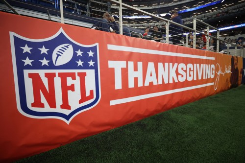 FILE - A Thanksgiving sign is seen around the field before an NFL football game between the Kansas City Chiefs and the Dallas Cowboys, Nov. 27, 2025, in Arlington, Texas. (AP Photo/Gareth Patterson, File)