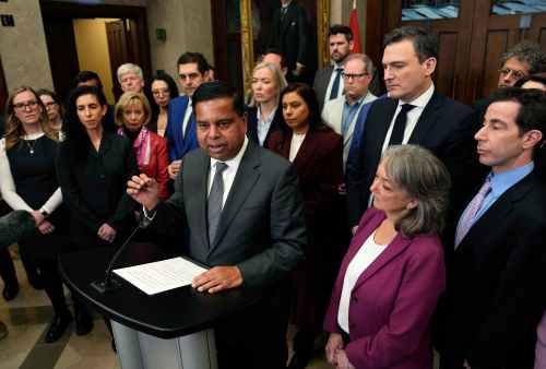 Minister of Public Safety Gary Anandasangaree is surrounded by members of the Liberal caucus speaks at a news conference on the Canada Community Security Program in the foyer of the House of Commons on Parliament Hill in Ottawa, on Wednesday, March 11, 2026. THE CANADIAN PRESS/Justin Tang