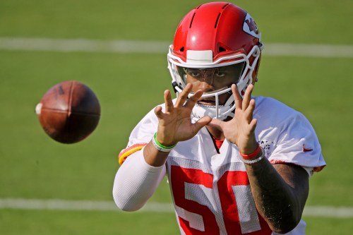 FILE - Kansas City Chiefs inside linebacker Darron Lee takes part in a drill at NFL football training camp, July 27, 2019, in St. Joseph, Mo. (AP Photo/Charlie Riedel, File)