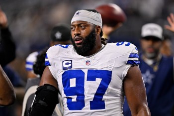 FILE - Dallas Cowboys defensive tackle Osa Odighizuwa (97) looks on before an NFL football game against the Minnesota Vikings, Dec. 14, 2025, in Arlington, Texas. (AP Photo/Jerome Miron, File)