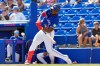 FILE - Toronto Blue Jays' Jesús Sánchez flies out against team Canada during the fifth inning of an exhibition baseball game Tuesday, March 3, 2026, in Dunedin, Fla. (AP Photo/Chris O'Meara, File)