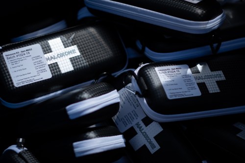 Naloxone kits are pictured during a safe supply rally in Vancouver, on Monday, April 14, 2025. THE CANADIAN PRESS/Ethan Cairns