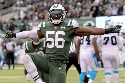 FILE - New York Jets inside linebacker Demario Davis (56) reacts after a play against the Carolina Panthers during the second half of an NFL football game, Sunday, Nov. 26, 2017, in East Rutherford, N.J. (AP Photo/Bill Kostroun,File)