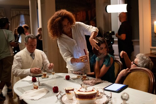 Actors Danton Mello, left, and Theresa Fonseca, second from right, prepare to film a scene of the soap opera 