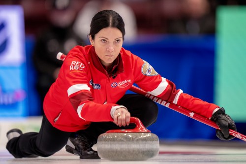 Team Canada skip Kerri Einarson delivers a rock during Scotties Tournament of Hearts finals curling action in Mississauga, Ont., Sunday, Feb. 1, 2026. THE CANADIAN PRESS/Frank Gunn