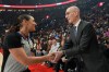 NBA commissioner Adam Silver greets a referee as he arrives for an NBA basketball game between the Portland Trail Blazers and the Utah Jazz, Friday, March 13, 2026, in Portland, Ore. (AP Photo/Jenny Kane)