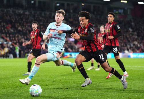 Brentford's Nathan Collins, left, and Bournemouth's Tyler Adams battle for the ball during an English Premier League soccer match in Bournemouth, England, Tuesday, March 3, 2026. (Adam Davy/PA via AP)