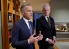 Norwegian Prime Minister Jonas Gahr Store looks on as Prime Minister Mark Carney answers a question from media before a working dinner at the prime minister's residence in Oslo, Norway, Saturday, March 14, 2026. THE CANADIAN PRESS/Adrian Wyld