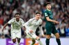Real Madrid's Federico Valverde, center, celebrates after scoring during a first leg round of 16 Champions League soccer match between Real Madrid and Manchester City in Madrid, Spain, Wednesday, March 11, 2026. (AP Photo/Jose Breton)