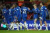 Chelsea players celebrate after a goal during the fifth round FA Cup soccer match between Wrexham and Chelsea in Wrexham, Wales, Saturday, March 7, 2026. (AP Photo/Jon Super)