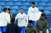 Real Madrid's Kylian Mbappe, center, and Jude Bellingham attend a training session with teammates in Manchester, England, Monday March 16, 2026. (Martin Rickett/PA via AP)
