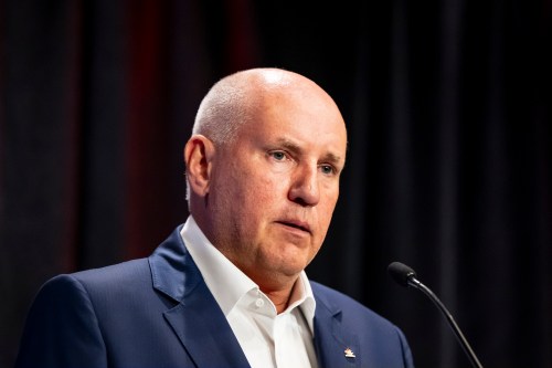 Doug Armstrong, general manager of Canada’s men’s Olympic hockey team, gives remarks before naming the roster for the 2026 Winter Games at a news conference in Minneapolis on Dec. 31, 2025. THE CANADIAN PRESS/Christopher Katsarov