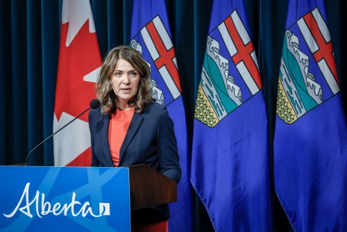 Alberta Premier Danielle Smith provides an update on teacher bargaining in Calgary, on Friday, Oct. 17, 2025. THE CANADIAN PRESS/Jeff McIntosh
