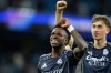 Real Madrid's Vinicius Junior celebrates after the Champions League round of 16 second leg soccer match between Manchester City and Real Madrid in Manchester, Tuesday, March 17, 2026. (AP Photo/Dave Thompson)