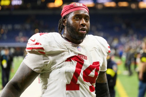 FILE - San Francisco 49ers offensive lineman Spencer Burford (74) walks off the field after an NFL football game against the Indianapolis Colts, Monday, Dec. 22, 2025, in Indianapolis. (AP Photo/Zach Bolinger,File)