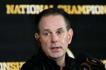 FILE - Indiana head coach Curt Cignetti speaks during the champions news conference after theiir win against Miami in the College Football Playoff national championship game, on Jan. 20, 2026, in Miami. (AP Photo/Chris Carlson, File)