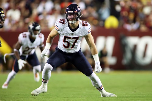 FILE - Chicago Bears linebacker Jack Sanborn (57) runs during an NFL football game against the Washington Commanders, Thursday, October 5, 2023 in Landover, Maryland. (AP Photo/Daniel Kucin Jr., File)