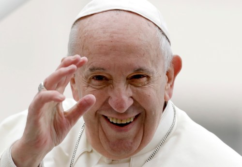 FILE - Pope Francis leaves at the end of his weekly general audience in St. Peter's Square, at the Vatican, May 15, 2019. (AP Photo/Andrew Medichini, File)