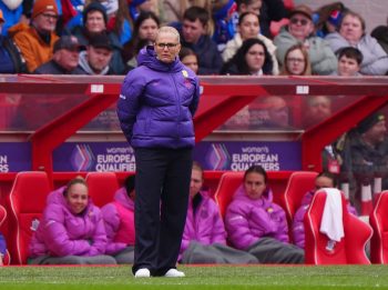 England manager Sarina Wiegman stands on the touchline during the FIFA Women's World Cup UEFA Qualifier match between England and Iceland at the City Ground, in Nottingham, England, Saturday, March 7, 2026. (Bradley Collyer/PA via AP)