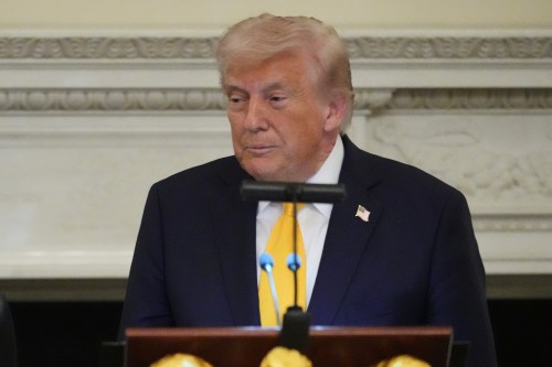 President Donald Trump speaks at a dinner with Japan's Prime Minister Sanae Takaichi in the State Dining Room of the White House, Thursday, March 19, 2026, in Washington. (AP Photo/Julia Demaree Nikhinson)