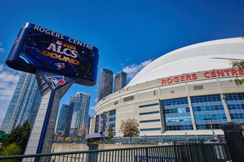 A billboard promotes the Toronto Blue Jays' successful path to the ALCS outside Rogers Centre in Toronto, on Saturday, Oct. 11, 2025. THE CANADIAN PRESS/Sammy Kogan