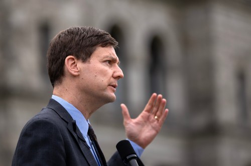 Premier David Eby speaks during a press conference at the legislature in Victoria, B.C., on Thursday, Feb. 12, 2026. THE CANADIAN PRESS/Chad Hipolito